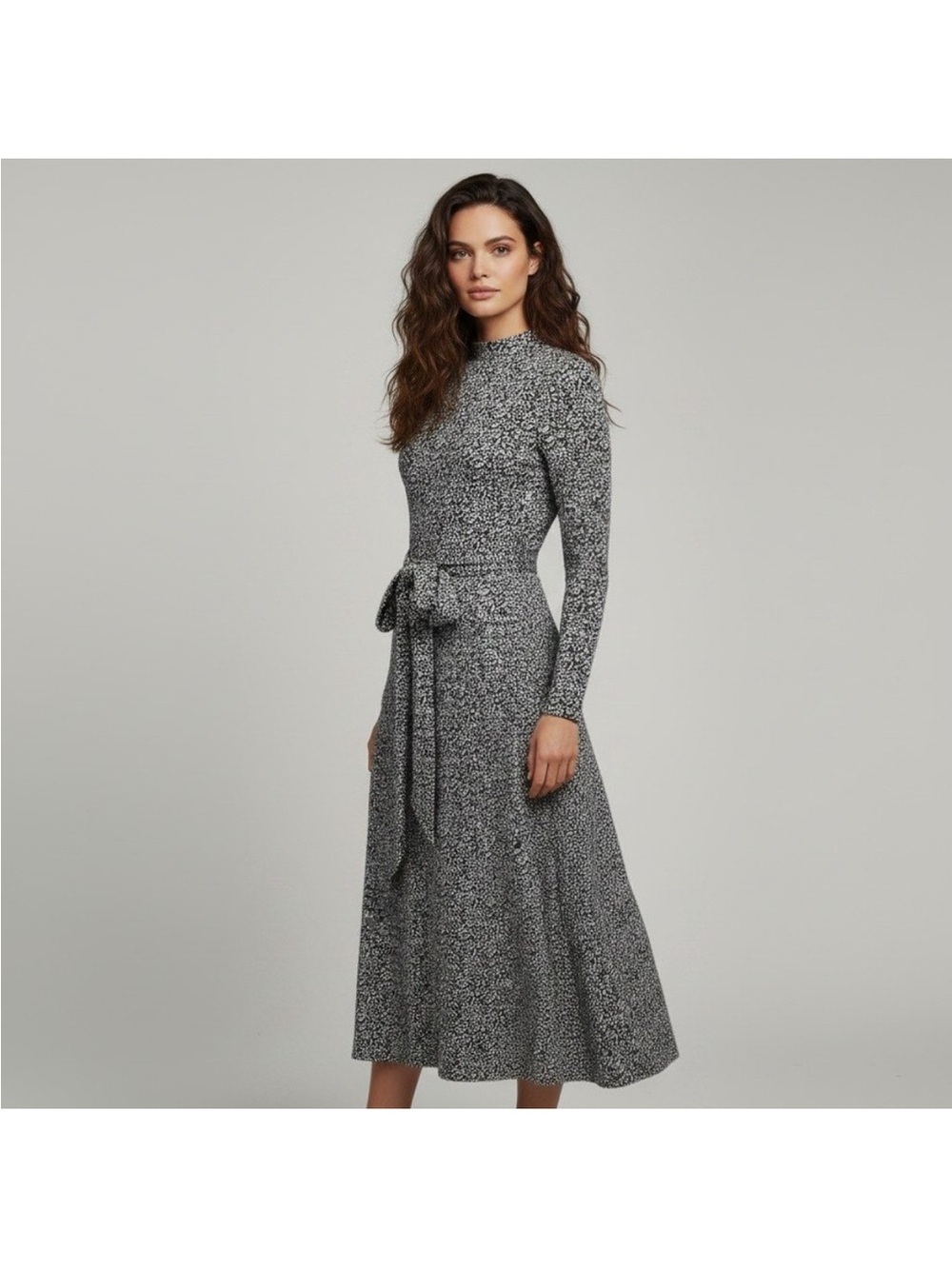 Boden Microfloral Long Sleeve Black & White Printed Midi Dress with Waist Tie